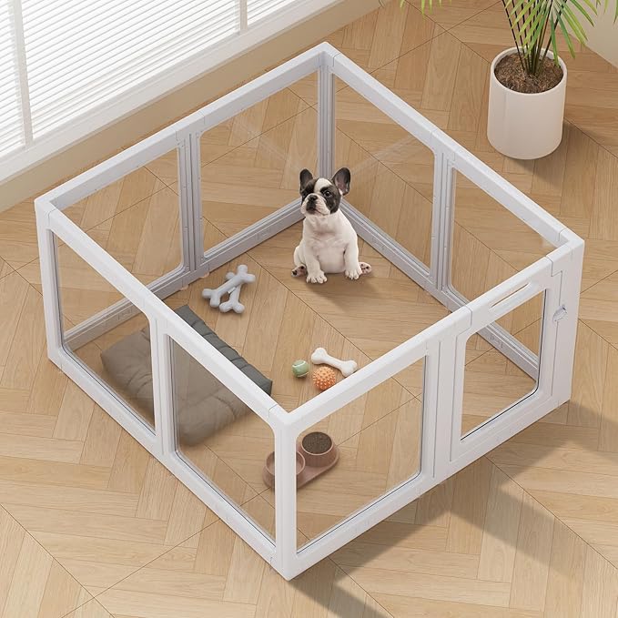 Clear Acrylic Dog Playpen Indoor, Puppy Cat Small Pet Play Pen, Pet Cat Playpen for Rabbits, Dog Fence Crate Kennel Whelping Cage (Grey, 8 Panel)