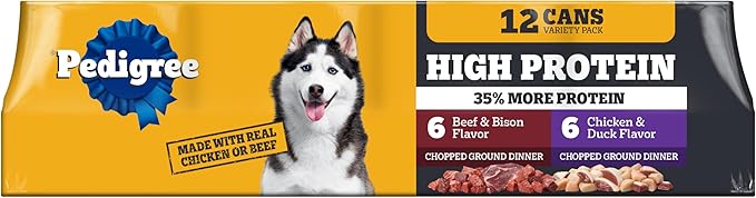 Pedigree High Protein Wet Dog Food, Adult Soft Canned Dog Food Variety Pack, Chicken Duck & Beef Bison Flavor, 13.2 oz. Cans, 12 Count
