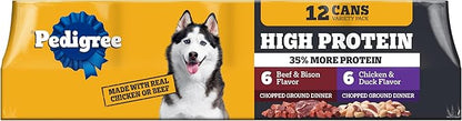 Pedigree High Protein Wet Dog Food, Adult Soft Canned Dog Food Variety Pack, Chicken Duck & Beef Bison Flavor, 13.2 oz. Cans, 12 Count