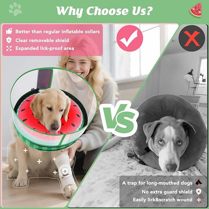 Inflatable Dog Cone with Anti-Licking Clear Shield, Protective Dog Donut Collar After Surgery, Adjustable Soft Recovery Cone for Pets, Alternative Collar with Buckle Strap (Watermelon, M)