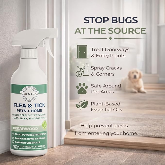 Flea Spray for Home & Pets - Flea and Tick Prevention for Dogs - Plant Based Repellent with Natural Essential Oils for Dog Flea Treatment Protection - Cedarwood Scent - 16 Fl Oz