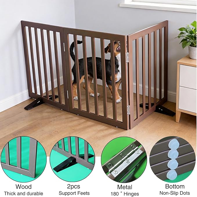 ZJSF Freestanding Indoor Dog Gate for House Foldable Wood Puppy Gate for Doorways Pet Gate for Stairs Extra Wide Pet Fence, Brown, 32" Height 3 Panels