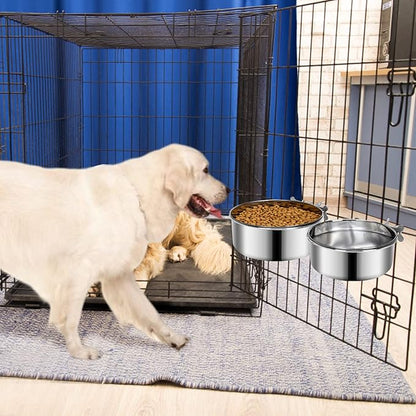 2 Pcs Large Dog Food Water Bowl for Cage with Upgraded Clamp Holder, Pet Kennel Hanging Bowls Stainless Steel Non-Spill Detectable Bowls Crate Feeder for Large Dogs (7x2.8'' & 6.3x2.5'')