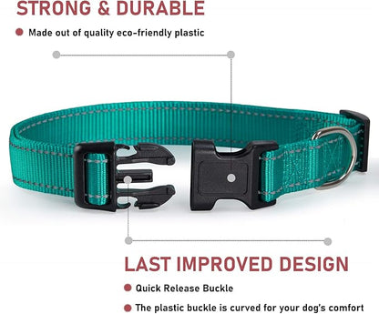 Reflective Dog Collar with Buckle Adjustable Safety Nylon Collars for Small Medium Large Dogs, Green M