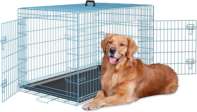 Dopinmin 48 Inch Heavy Duty Dog Crate Double Door Folding Metal Dog Cage Dog Crates for Large Dogs Outdoor Indoor Includes Divider Panel and Leak-Proof Tray,Blue