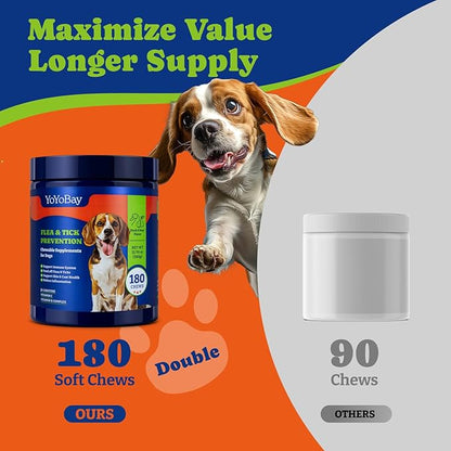 Flea and Tick Prevention for Dogs Chewable - 180 Soft Chews, Duck & Pear Flavor - Dog Flea and Tick Treatment Chewable, Natural Defense- Dog Immune Support Supplement