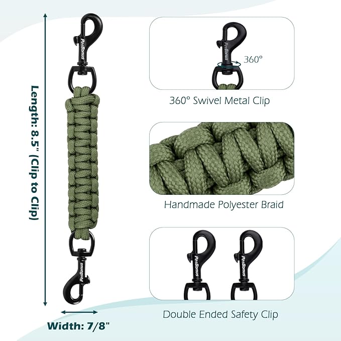 PetBonus Dog Collar Safety Clip, Handmade Backup Safety Strap for Dog Harness, Prong, Pinch Collar, Double Ended Clasp Leash Connector (Army Green)