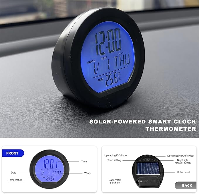 Car Digital Thermometer Clock, Solar Powered Mini Dashboard Clock with Date & 12/24 Hour Format Time, Adhesive LCD Display Watch with Backlight for Vehicle Office Home