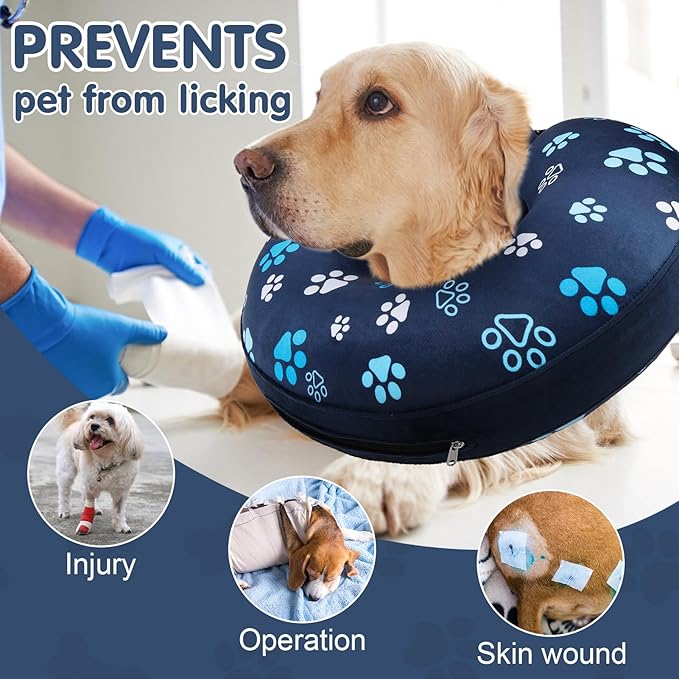 BEAUTYZOO Dog Cone Alternative After Surgery for Large Medium Small Dogs, Soft Inflatable Cone Collar for Dogs Cats, Pet Neck Donut E Collar Dog Recovery Collars to Stop Licking, Navy Blue Paw L