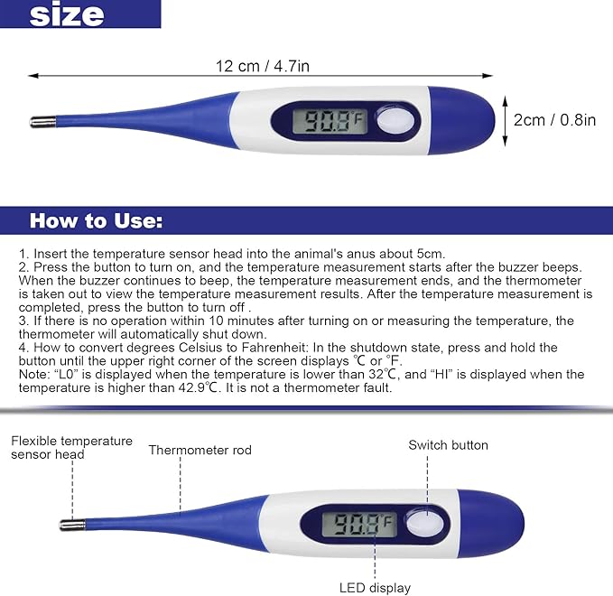 Livestock Pet Thermometer with LED Display Memory Function,Fast Digital Veterinary Thermometer,Flexible Probe for Temperature Measurement for Dogs Cats Horse Cattle (with Battery)