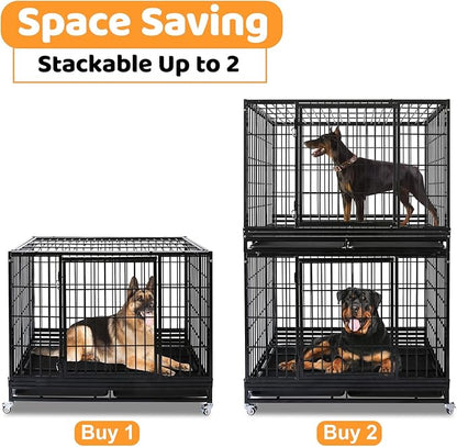 Homey Pet 47 Inch Heavy Duty Dog Crate for Large Dogs, Stackable & Indestructible Dog Cage for High Anxiety Dogs with Four Lockable Wheels, Two Removable Trays, Escape Proof Dog Kennel Indoor