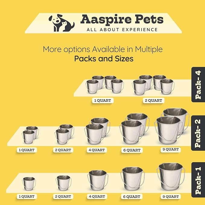 Heavy Duty Stainless Steel Dog Water Bucket with Handle, 1 Quart (0.25 Gallon) Round Pail for Small Dogs Cat Bird & Livestock, Fits Kennel & Farm, Hanging Utility Silver Pet Pails, 4 Pack