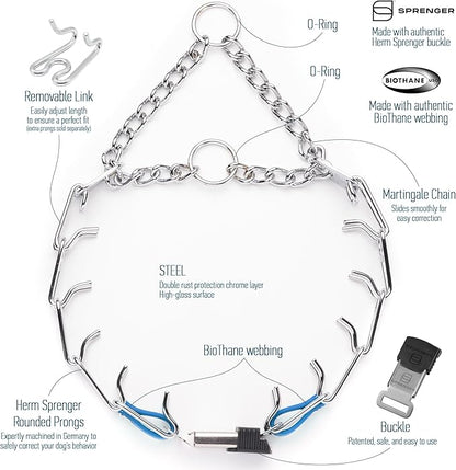 Herm Sprenger Chrome Plated Steel Dog Collar with Quick Release ClicLock Buckle O-Ring Biothane Insert Training Collar Made in Germany (Cerulean Blue, 22in x 3.0mm(Neck Size up to 18-19in))