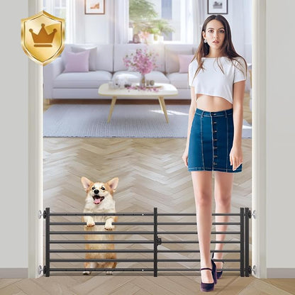 Malier Indoor Dog Gate with Door, 34-55" Extra Wide Full Metal Pet Gate Short Dog Gate for Stairs, Pressure Mount 14'' Tall Small Puppy Low Gate Easy Step Over for Doorways