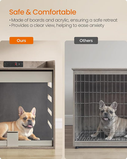 Feandrea Modern Dog Crate Furniture with Charging Station, Medium Kennel Indoor with Flip-up Hidden Acrylic Door, for Small and Medium Dogs up to 45 lb, Pet Side End Table Cage, Heather Greige