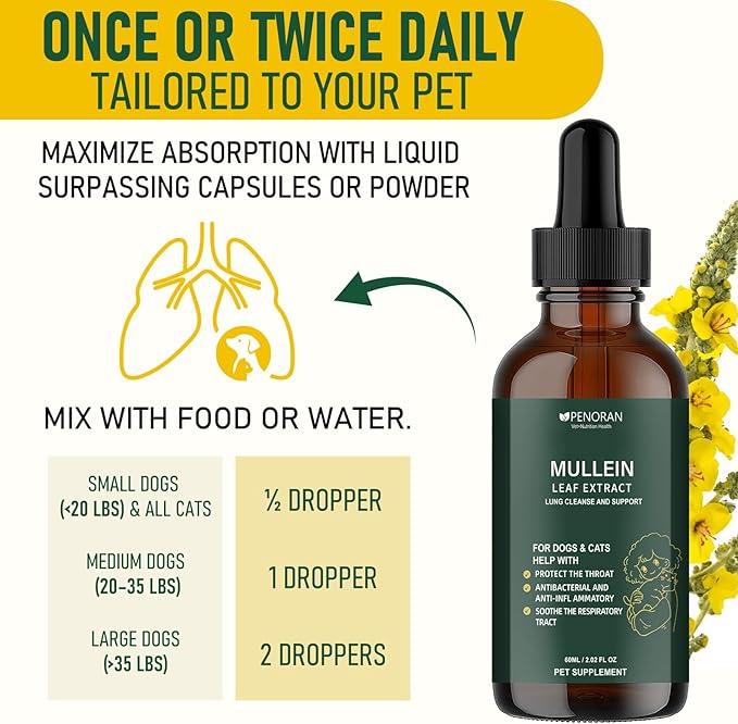 Pet Mullein Lung & Cough Drops for Dogs & Cats, Cough, Hoarseness, Easy Breathing, Lung Cleanse and Support, Better Lungs, Soothes Throat Discomfort - ﻿100% Natural and Efficient ﻿ ﻿ ﻿