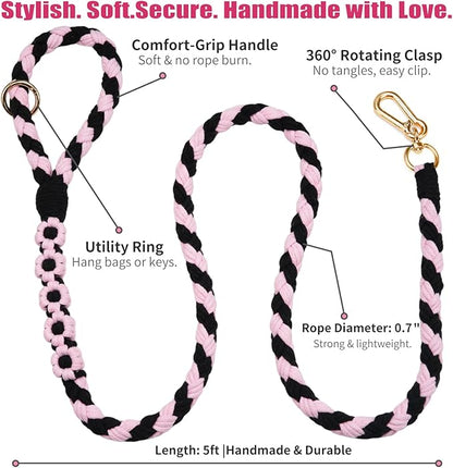 Handmade 5ft Braided Cotton Dog Leash with Unique Floral Handle, Durable and Stylish, Ideal for Small to Large Dogs, Black & Pink Color