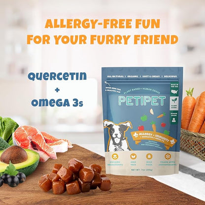 Petipet Dog Allergy Relief Soft & Chewy Chews - Quercetin + Omega 3 - Natural Antihistamine for Itching, Paw Licking, Seasonal and Grass Allergies - for Itchy Skin, Hot Spots, Immune Support