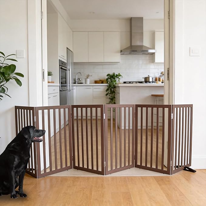 ZJSF Freestanding Indoor Dog Gate for House Foldable Wood Puppy Gate for Doorways Pet Gate for Stairs Extra Wide Pet Fence, Brown, 32" Height 6 Panels