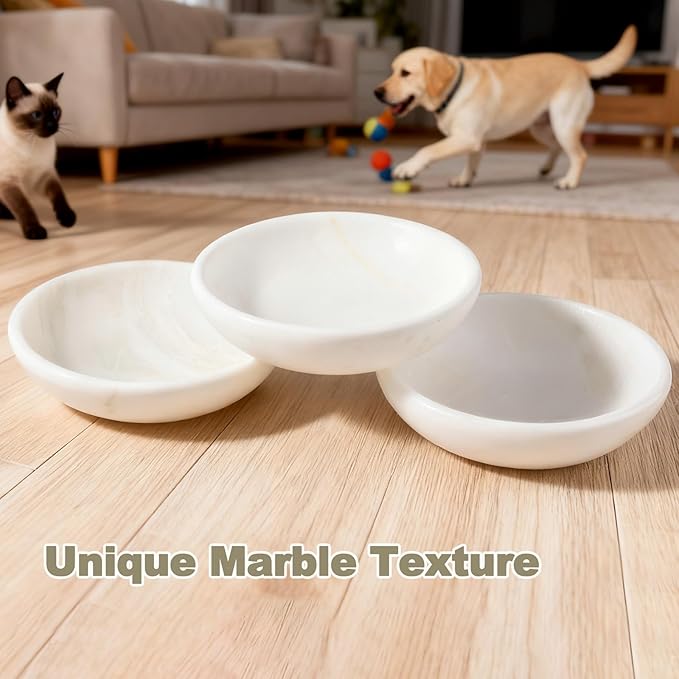 White Cat Bowl, Marble Food and Water Bowl for Cat and Small Dog, Heavyweight 1.5lb Non-Tip Pet Food Dish with Slip-Proof Pad, Premium Stone Feeder for Elegant Home Decor