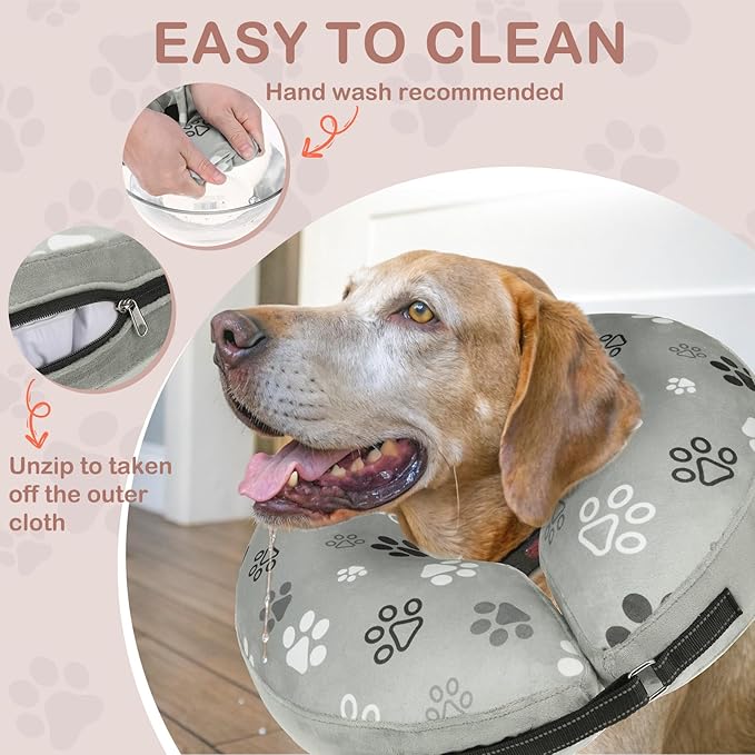 SCENEREAL Dog Cone Alternative After Surgery Donut Collar, Soft Pet Recovery Pillow Collar for Medium Large Dogs, Inflatable Adjustable Neck Collars to Prevent Licking, Grey Footprints M