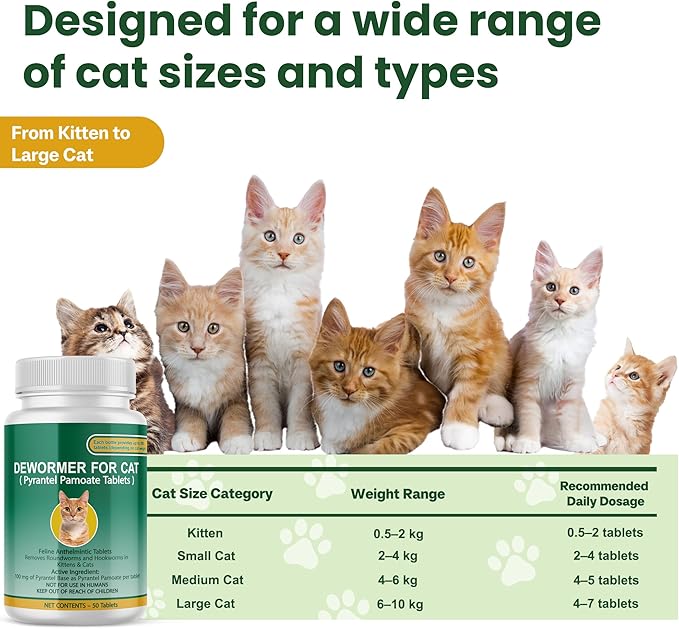 Cat & Kitten Dewormer for All Wormers, Pyrantel Pamoate, Roundworms & Hookworms, 50 Tablets
