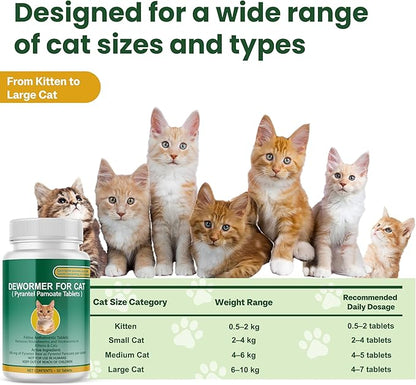 Cat & Kitten Dewormer for All Wormers, Pyrantel Pamoate, Roundworms & Hookworms, 50 Tablets