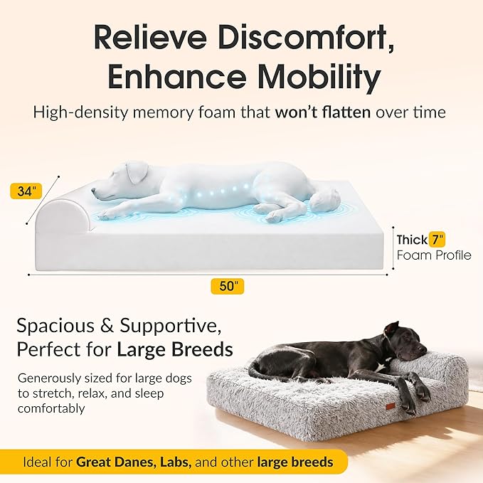 KOPEKS Orthopedic Memory Foam Dog Bed 7" Inch Thick Extra Large Dog Bed with Pillow Fluffy Grey 50"x34"x10" Includes Waterproof Liner & Durable Removable Cover with Smart Design