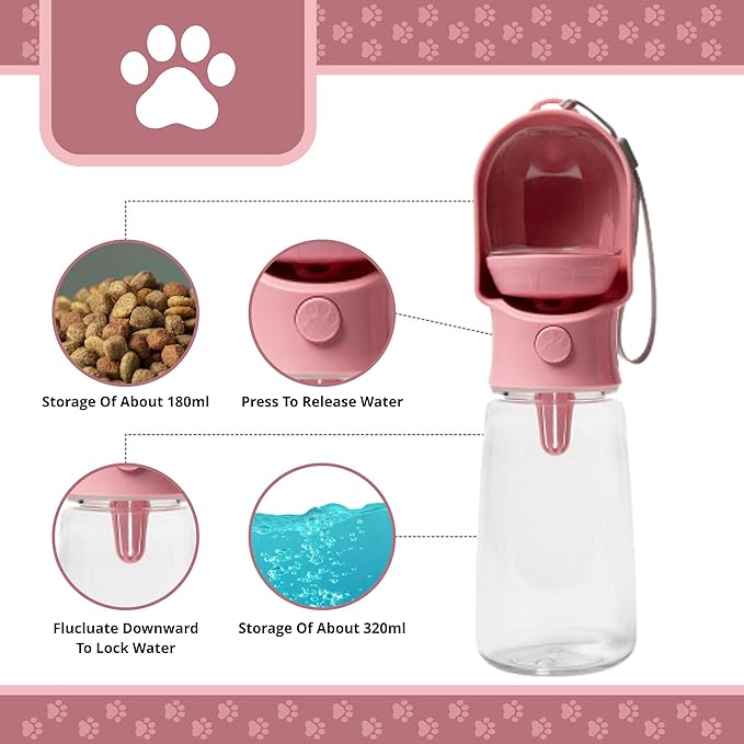 Leak Proof Portable Dog Water Bottle with Bowl – Travel Pet Water Dispenser for Walking & Hiking – Food Grade Plastic – Choose from 3 Colors (Pink, 500 ml)