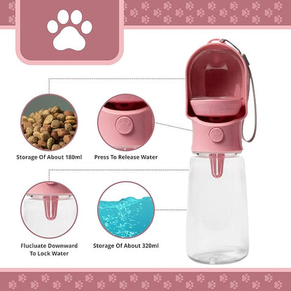 Leak Proof Portable Dog Water Bottle with Bowl – Travel Pet Water Dispenser for Walking & Hiking – Food Grade Plastic – Choose from 3 Colors (Pink, 500 ml)