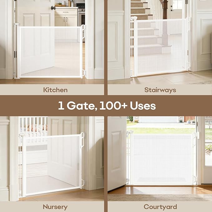 SPACEANY Retractable Safety Baby Gate or Mesh Dog Gate,Durable Portable Mesh Retractable Gate,Easy to Use for Stairs, Doorways, Hallways, Indoor, Outdoor, 33.5" Tall, Up to 45" Wide, White