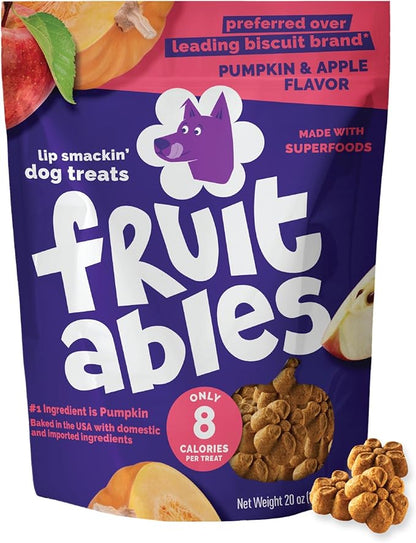 Fruitables Baked Dog Treats, Healthy Pumpkin Treat for Dogs, Low Calorie & Delicious, Pet Essential, Made with No Wheat, Corn & Soy, Made in the USA, Allergy Friendly, Pumpkin and Apple Flavor, 20 oz