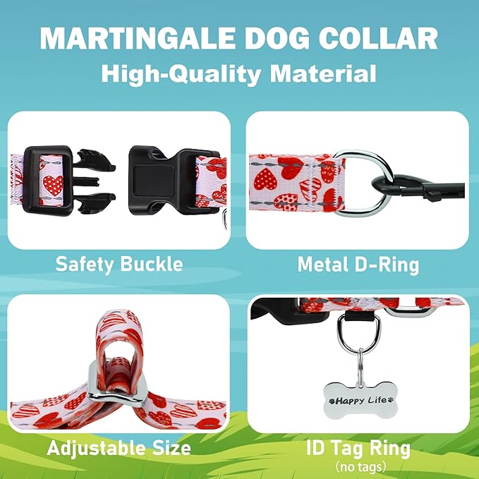 Valentines Reflective Martingale Collar for Dogs with Quick Release Buckle Cute Girl No Pull Dog Collars (Red Heart, Large)