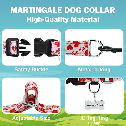 Valentines Reflective Martingale Collar for Dogs with Quick Release Buckle Cute Girl No Pull Dog Collars (Red Heart, Large)