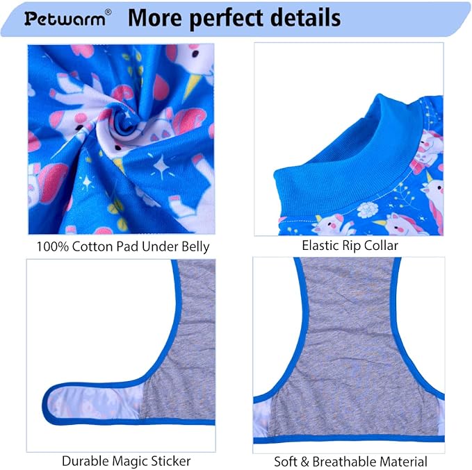 PetWarm Dog Surgery Suit, Pet Surgical Recovery Suit Female and Male, Dog Onesie for Surgical, Anti-Licking Dog Surgery Recovery Suit, Unicorn Pattern, Blue, M