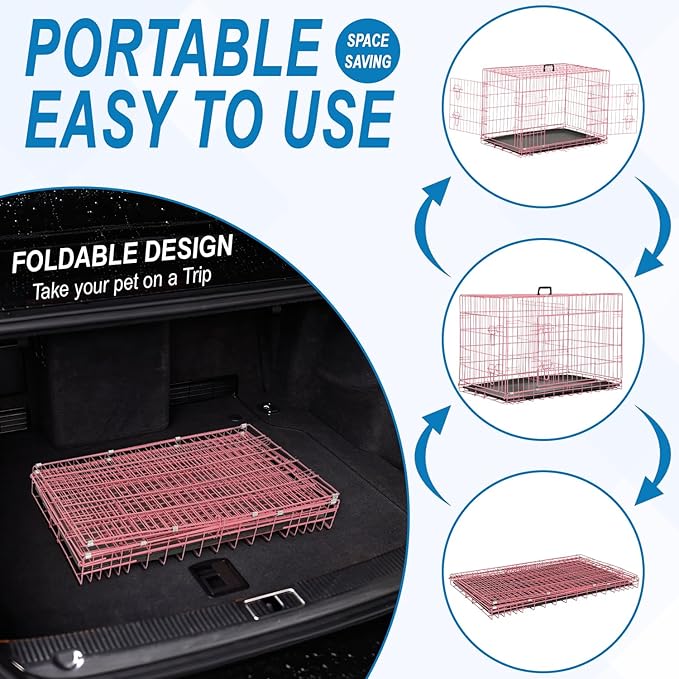 36 inch Dog Crates for Medium Dogs Folding Metal Wire Dog Cage Kennel, Indoor Outdoor Dog Crate Kennels with Handle&Proof Tray Portable Pet Kennel Pink