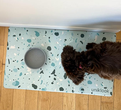 Large Pet Placemat Food & Water, Dog Cat Food Mat for Pet Bowls 28" X 16.5" Waterproof Easy to Clean Dog Mat for Bowl Food Water Terrazzo Blue Uniklook