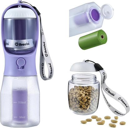 Cibaabo Dog Water Bottle with Food Container & Poop Bag Holder, Travel Water Bowl, Portable Pet Dispenser, Dog Gifts Stuff Accessories Items, Puppy Essentials for Yorkie Chihuahua Walking Hiking
