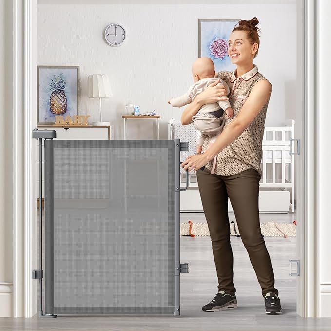 Retractable Baby Gates 2 Pack, 55" Wide Mesh Dog Gate Indoor, 34" Tall Gate for Stairs Doorways Hallways Deck, Child Pet Safety Gate for Indoor Outdoor Home Use, Grey