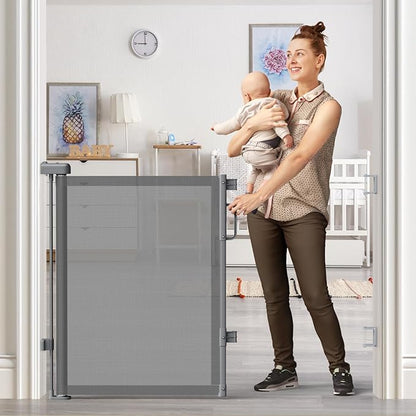 Retractable Baby Gates 2 Pack, 55" Wide Mesh Dog Gate Indoor, 34" Tall Gate for Stairs Doorways Hallways Deck, Child Pet Safety Gate for Indoor Outdoor Home Use, Grey