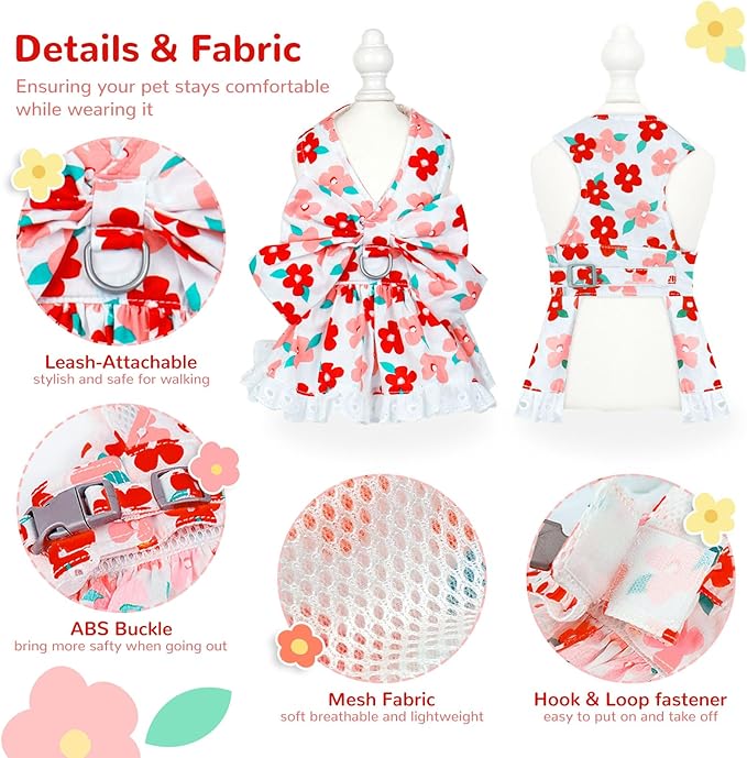 ABRRLO Dog Harness Dress Leash Set for Small Dog Summer Clothes Girl Female Puppy Cats Outfits Cute Floral Bowknot Princess Birthday Dress for Extra Small Pet Doggie Kitten Outfits Apparel(Red,L)