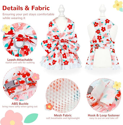 ABRRLO Dog Harness Dress Leash Set for Small Dog Summer Clothes Girl Female Puppy Cats Outfits Cute Floral Bowknot Princess Birthday Dress for Extra Small Pet Doggie Kitten Outfits Apparel(Red,M)