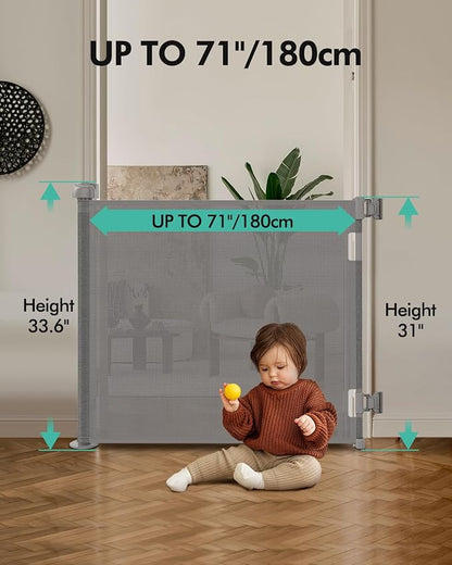 Retractable Baby Gates, Mesh Dog Gate for Doorways, 33.6" Tall, Expands to 71" Wide,Pet Safety Essential Fit for Baseboards, Wide Toddlers Gates for Hallways, Indoor & Outdoor,Grey