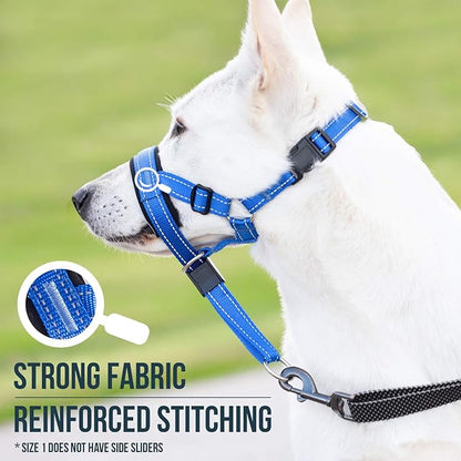 GoodBoy Dog Head Halter with Safety Strap - Stops Heavy Pulling On The Leash - Padded Headcollar for Small Medium and Large Dog Sizes - Head Collar Training Guide Included (Size 1, Blue Nylon)