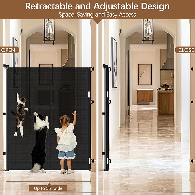 Reinforced 55" Extra Tall Pet Gate for Doorway - No Jumping Over, 55" Wide Retractable Baby Gates with Support Rods - No Crawling Under, Climb Proof Cat Gate for Stairs Tall Retractable Dog Gate/Black