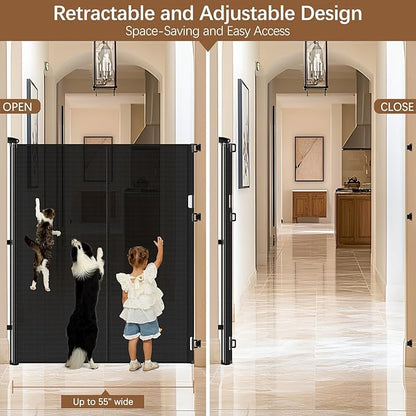 Reinforced 55" Extra Tall Pet Gate for Doorway - No Jumping Over, 55" Wide Retractable Baby Gates with Support Rods - No Crawling Under, Climb Proof Cat Gate for Stairs Tall Retractable Dog Gate/Black
