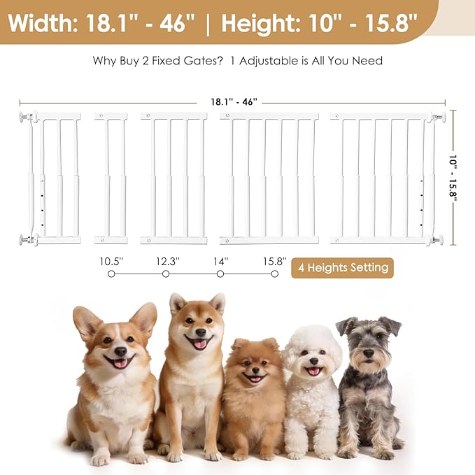 10''-15.8'' Height Adjustable Dog Gate, Extra Wide 18.1"-46" All Metal Short Dog Gate to Step Over, Pressure Mount Small Pet Puppy Gate for Stairs & Doorways(White)