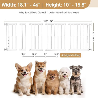 10''-15.8'' Height Adjustable Dog Gate, Extra Wide 18.1"-46" All Metal Short Dog Gate to Step Over, Pressure Mount Small Pet Puppy Gate for Stairs & Doorways(White)