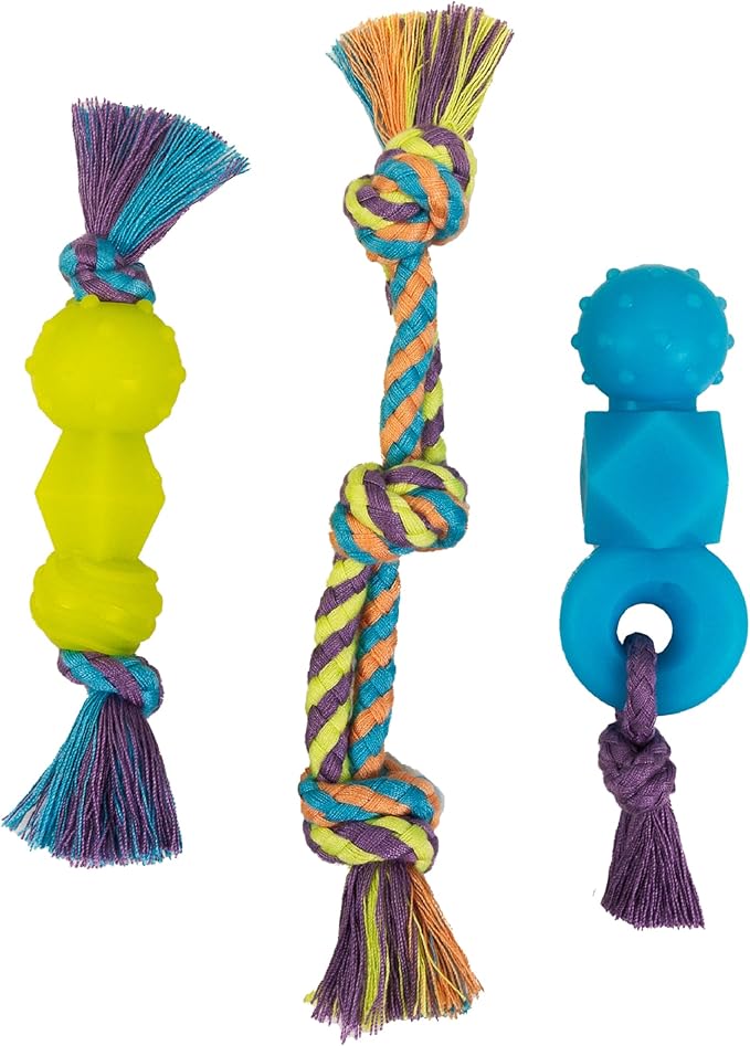 Mini Dentachew Pack Dental Chew Toy, Multi-Textured, Fetch & Tug Rope, Puppies & Small Dogs, 7", 3-Pack