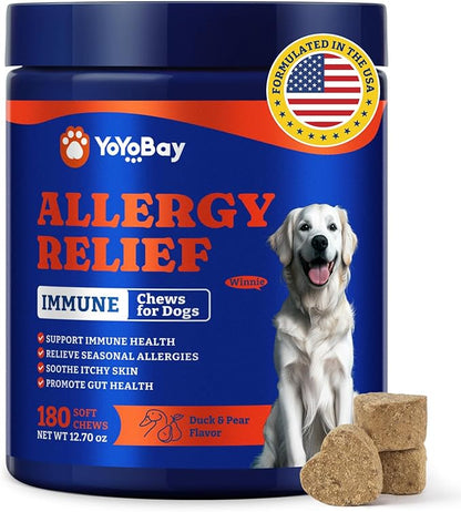Dog Allergy Relief Chews – 180 Soft Chews, Duck & Pear Flavor - Immune Support & Itch Relief with Colostrum, Astragalus Root, 6-Strain Gut Health Blend